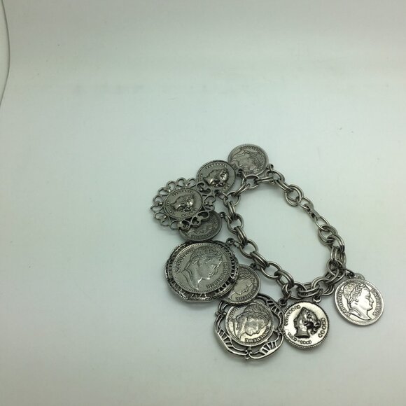 Judy Lee Faux Coins Charm Bracelet Napoleon Queen Victoria Silver Tone Vintage - Picture 1 of 4